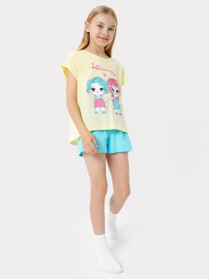 Пижама для девочек (футболка, шорты) в желтом и голубом цвете с принтом Mark Formelle. Цвет: желтый +голубой +печать