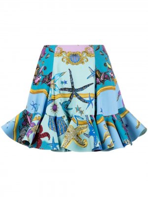 Расклешенная юбка мини с принтом Trésor de La Mer Versace. Цвет: синий