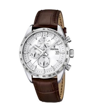 Festina Timeless хронограф с кожаным ремешком и серебряным циферблатом, кварцевые мужские часы F16760-1
