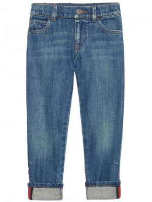 Прямые джинсы с полоской Web Gucci Kids. Цвет: синий