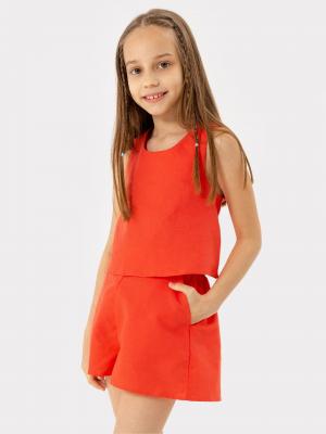 Комплект для девочек (топ, шорты) в ярко-красном цвете, из льна и хлопка Mark Formelle. Цвет: коралловый