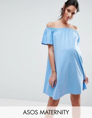 Платье мини для беременных с открытыми плечами ASOS Maternity. Цвет: синий