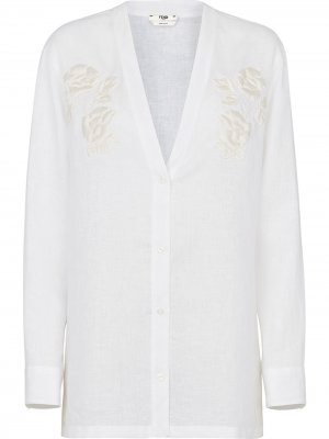 Рубашка с V-образным вырезом и цветочной вышивкой Fendi. Цвет: белый