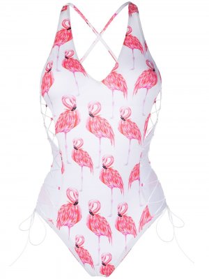 Купальник Flamingo с принтом и шнуровкой Noire Swimwear. Цвет: белый