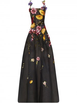 Платье с вырезом халтер и цветочной аппликацией Oscar de la Renta. Цвет: черный