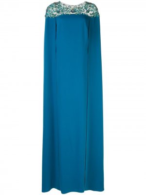 Вечернее платье с кейпом и вышивкой бисером Marchesa Notte. Цвет: синий