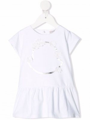 Расклешенное платье-футболка с цветочной аппликацией Moncler Enfant. Цвет: белый