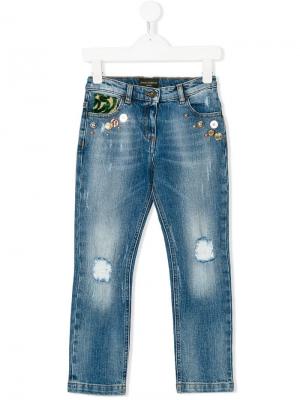 Декорированные джинсы с рваными деталями Dolce & Gabbana Kids. Цвет: синий