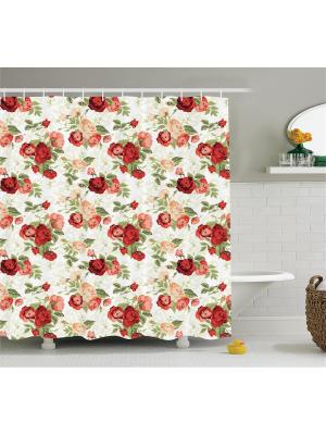 Фотоштора для ванной Красные маки, тюльпаны, гибискус, пионы, розы и полевые цветы, 180*200 см Magic Lady. Цвет: красный, зеленый, розовый