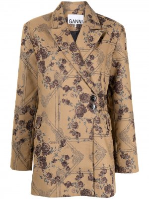 Пиджак асимметричного кроя с цветочным принтом GANNI. Цвет: коричневый