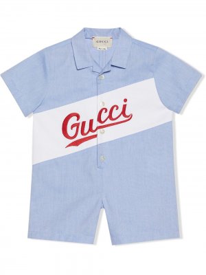 Ромпер с вышитым логотипом Gucci Kids. Цвет: синий