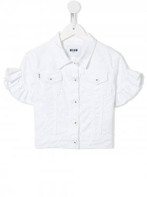 Джинсовая куртка с короткими рукавами и оборками Msgm Kids. Цвет: белый