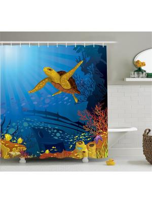 Фотоштора для ванной Серая утка, фламинго на пруду, морская черепаха, морские звёзды, ракушки и яко Magic Lady. Цвет: голубой, белый, желтый, красный, синий