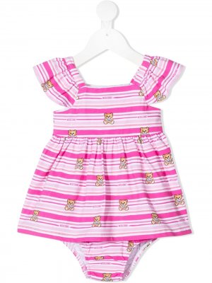 Платье мини Teddy Bear в горизонтальную полоску Moschino Kids. Цвет: розовый