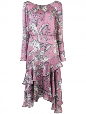 Платье миди асимметричного кроя с цветочным принтом Marchesa Notte. Цвет: фиолетовый