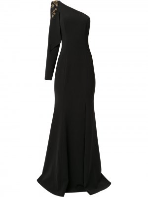 Вечернее платье на одно плечо с вышивкой Marchesa Notte. Цвет: черный