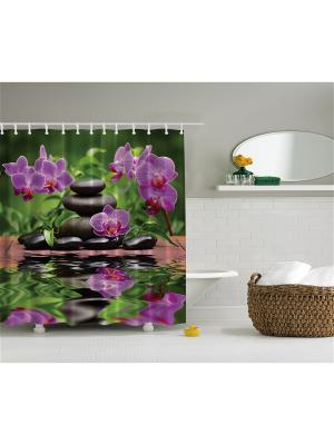 Фотоштора для ванной Разноцветные зонтики, фиолетовые орхидеи, жёлто-красные деревья, ракушка на п Magic Lady. Цвет: черный, зеленый, коричневый, фиолетовый
