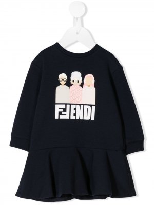 Платье с оборками и логотипом Fendi Kids. Цвет: синий