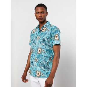 LCW CLASSIC Классическая мужская рубашка из поплина с коротким рукавом и рисунком, синяя LC Waikiki