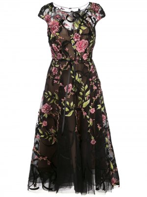 Платье миди с цветочной вышивкой Marchesa. Цвет: черный