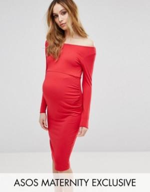 Платье для беременных с широким вырезом и длинными рукавами ASOS Maternity. Цвет: красный