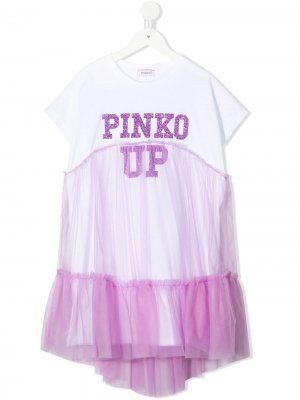 Платье-футболка с тюлем Pinko Kids. Цвет: белый