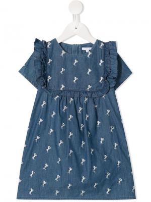 Джинсовое платье с оборками и принтом Chloé Kids. Цвет: синий
