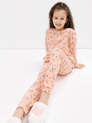 Пижама для девочек (лонгслив, брюки) в розовом цвете с единорогами Mark Formelle. Цвет: единороги на персиковом