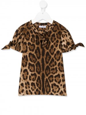 Футболка с завязками на рукавах и леопардовым принтом Dolce & Gabbana Kids. Цвет: коричневый