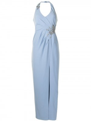 Декорированное платье с V-образным вырезом халтер Marchesa Notte. Цвет: синий