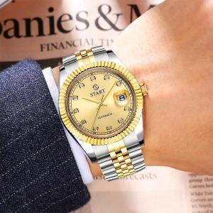 START-Мужские часы с бриллиантовым циферблатом, автоматические механические часы, водонепроницаемые функцией календаря, золотые Start