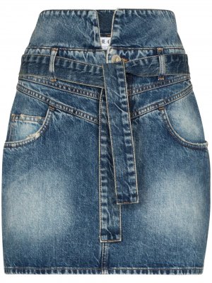 Джинсовая юбка мини с эффектом потертости и завязками The Attico. Цвет: синий