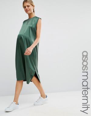 Платье миди для беременных с атласным передом ASOS Maternity. Цвет: зеленый